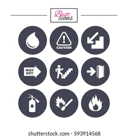 Fire safety, emergency icons. Fire extinguisher, exit and attention signs. Caution, water drop and way out symbols. Classic simple flat icons. Vector