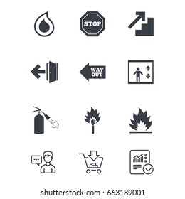 Fire safety, emergency icons. Fire extinguisher, exit and stop signs. Elevator, water drop and match symbols. Customer service, Shopping cart and Report line signs. Online shopping and Statistics