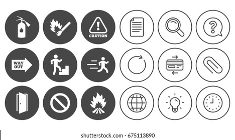 Fire safety, emergency icons. Fire extinguisher, exit and attention signs. Caution, water drop and way out symbols. Document, Globe and Clock line signs. Lamp, Magnifier and Paper clip icons. Vector