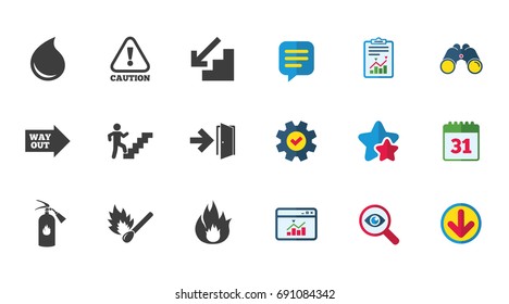 Fire safety, emergency icons. Fire extinguisher, exit and attention signs. Caution, water drop and way out symbols. Calendar, Report and Download signs. Stars, Service and Search icons. Vector
