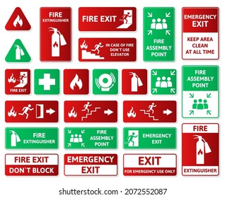 Fire safety, emergency signs, first aid, assembly point and exit symbols. Emergency fire hazard alarm, first aid vector illustration set. Emergency, fire exit icons. Warning signboard and emergency