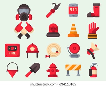 Fire safety equipment emergency tools firefighter safe danger accident protection vector illustration.