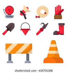 Fire safety equipment emergency tools firefighter safe danger accident protection vector illustration.
