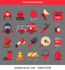 Fire safety equipment emergency tools firefighter safe danger accident protection vector illustration.
