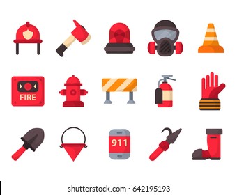 Fire safety equipment emergency tools firefighter safe danger accident protection vector illustration.