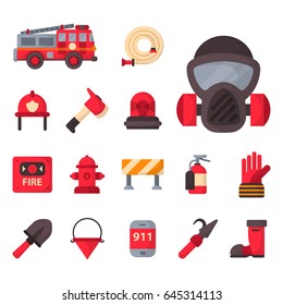 Fire safety equipment emergency tools firefighter safe danger accident protection vector illustration.