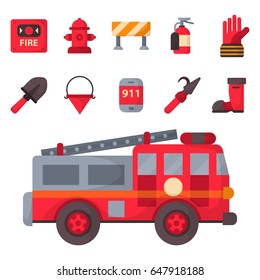 Fire safety equipment emergency tools firefighter safe danger accident protection vector illustration.