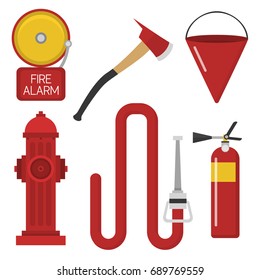 Fire safety equipment emergency tools firefighter safe danger accident protection vector illustration.