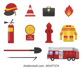Fire safety equipment emergency tools firefighter safe danger accident protection vector illustration.