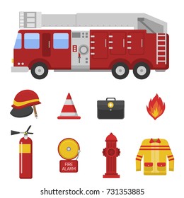 Fire safety equipment emergency tools firefighter safe danger accident protection vector illustration.