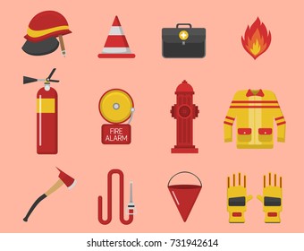 Fire safety equipment emergency tools firefighter safe danger accident protection vector illustration.