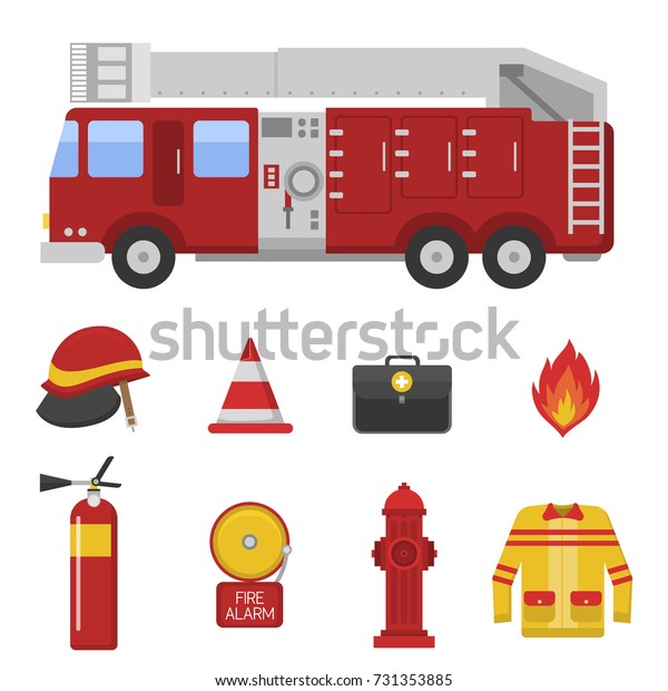 Fire safety equipment\
emergency tools firefighter safe danger accident protection vector\
illustration.