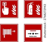Fire Safety Equipment Icons Set Red Emergency Symbols. Fire Alarm icon, Fire Alarm Emergency Sign with Push Button Icon vector. isolated on transparent background