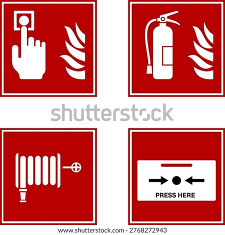 Fire Safety Equipment Icons Set Red Emergency Symbols. Fire Alarm icon, Fire Alarm Emergency Sign with Push Button Icon vector. isolated on transparent background