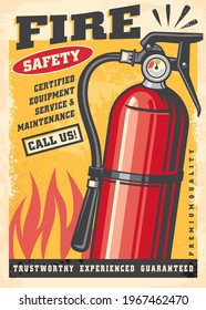 Fire safety equipment retro poster graphic. Fire extinguisher sign illustration. Vector safety image concept.