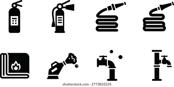 Fire safety equipment silhouette vector icon collection featuring fire extinguisher hose hydrant foam nozzle and emergency firefighting tools arranged in grid layout isolated on white background