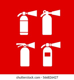 Fire Safety Extinguisher Vector Icon Illustration On Red Background. Vector Fire Extinguisher Signs Set.