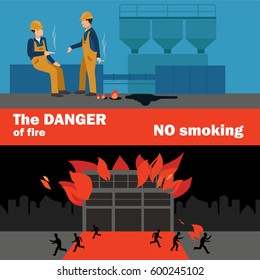 Fire safety in factory. Danger of smoking in plant. Factory workers in uniform. Works view. Vector illustration in flat design.