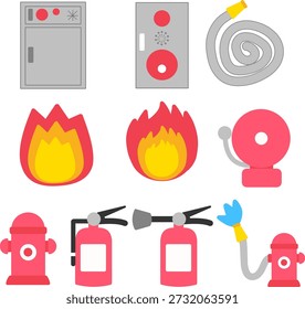 Ícone de equipamentos de segurança contra incêndio e combate a incêndios definido em estilo vetorial plano