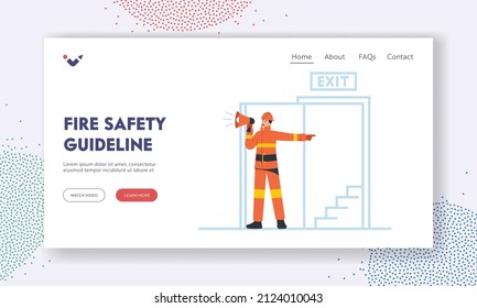 Fire Safety Guideline Landing Page Template. Alert for Building Office Escape in Life-threatening Situation. Fireman Character with Loudspeaker Announce Fire Evacuation. Cartoon Vector Illustration