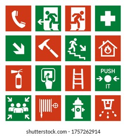 Fire safety icon, security, alarm signs and signals. Building safety equipment emblem. Vector fire safety illustration isolated on white background