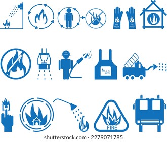 Fire safety icon set, 15 fire department icon set blue vector
