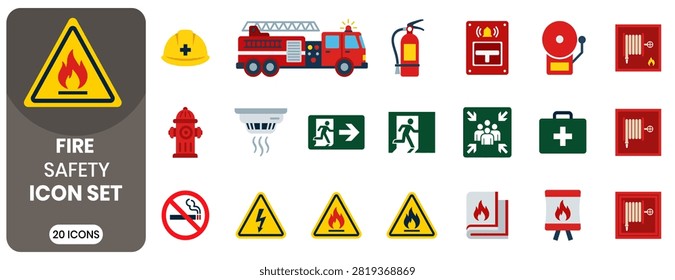 Fire safety icon set with 20 emergency warning symbols and equipment illustrations