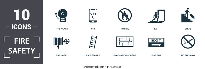 Fire Safety icon set. Contain filled flat 911, fire escape, no fire, fire exit, exit, no smoking icons. Editable format.