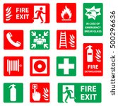 Fire safety icon set. Fire danger & equipment sign collection. Meeting point. emergency assembly point, in case of emergency break glass, first aid symbols. Vector illustration.