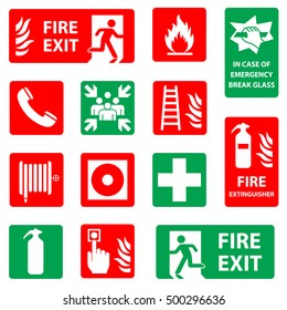 Fire safety icon set. Fire danger & equipment sign collection. Meeting point. emergency assembly point, in case of emergency break glass, first aid symbols. Vector illustration.