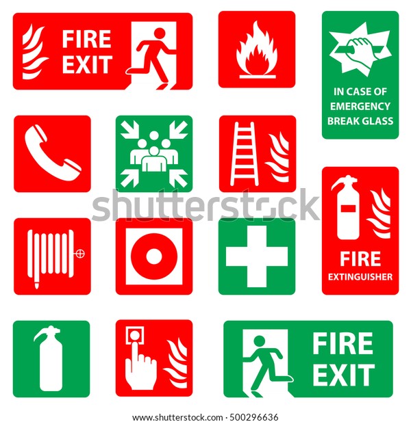 Fire\
safety icon set. Fire danger & equipment sign collection.\
Meeting point. emergency assembly point, in case of emergency break\
glass, first aid symbols. Vector\
illustration.