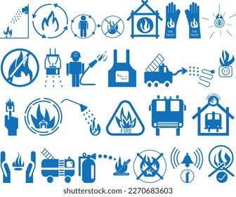 Fire safety icon set, firefighting icon set blue vector