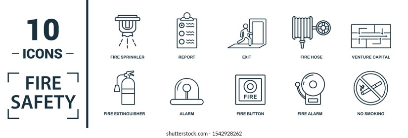 Fire Safety icon set. Include creative elements smoke detector, fire hose, report, no fire, fire sprinkler icons. Can be used for report, presentation, diagram, web design.