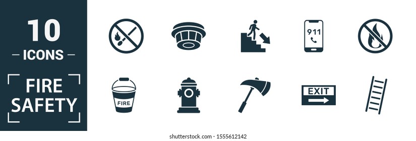 Fire Safety icon set. Include creative elements smoke detector, fire hose, report, no fire, fire sprinkler icons. Can be used for report, presentation, diagram, web design.