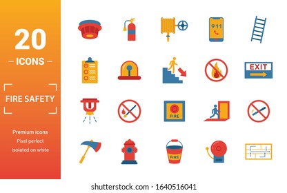 Fire Safety icon set. Include creative elements smoke detector, fire hose, report, no fire, fire sprinkler icons. Can be used for report, presentation, diagram, web design.