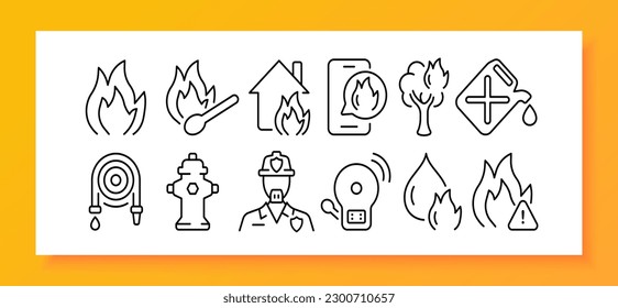 Fire safety icon set. Rrevention education, fire detection and suppression, and evacuation planning. Safety. Vector line icon for Business and Advertising