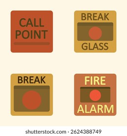 Fire Safety Icons With Red Emergency Buttons and Text Labels for Alarm and Call Point