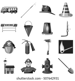 Fire safety icons set. Gray monochrome illustration of 16 fire safety vector icons for web