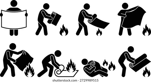 Instruções de segurança contra incêndio para apagar o fogo com cobertor em um fundo branco.