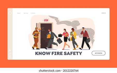 Fire Safety Landing Page Template. Fireman with Megaphone Announce Evacuation Alarm. Alert Building Occupant Characters Escape Office in Life-threatening Situation. Cartoon People Vector Illustration