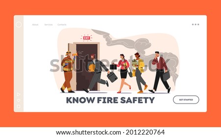 Fire Safety Landing Page Template. Fireman with Megaphone Announce Evacuation Alarm. Alert Building Occupant Characters Escape Office in Life-threatening Situation. Cartoon People Vector Illustration