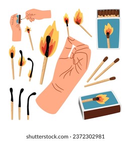 Fire safety, lighting concept. Hands holding a box of matches.Vector illustration of man's hand lights a match using matchbox. Set of burning match. Sequence steps of combustion of heat and flaming