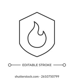 Fire safety line icon. Shield with burning flame symbol. Firefighting service emblem. Disaster danger warning. Isolated vector illustration. Outline symbol. Simple linear drawing. Editable stroke