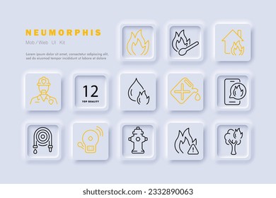 Fire safety line icon. Fire, wood, hydrant, gasoline, fireman, water. Neomorphism steyle. Vector line icon