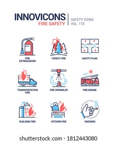 Fire safety - modern line design style icons set. Danger and rescue service idea. Types of ignition, transportation, forest, building, kitchen, smoking. Extinguisher, plan, sprinkler, engine