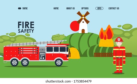 Fire safety online webpage, vector illustration. Local fire service official site, fireman in protective jacket near car. Haystack burn near mill, owner called fire assistance to extinguish flame.