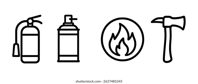 Fire safety outline icon set. extinguisher, hazards prevention symbols collection