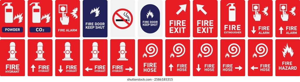 fire safety print signs template with red and white color, mandatory fire safety signs design for print, fire hazard sign for industrial inside 