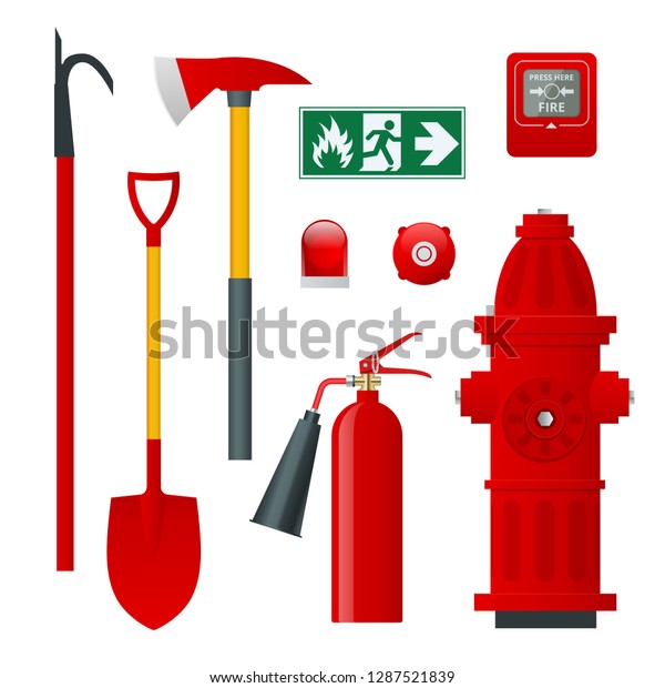 Fire safety and\
protection. Flat icons extinguisher, hose, flame, hydrant,\
protective helmet, alarm, axe, shovel, conical bucket and exit\
sign. Vector illustration