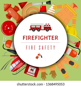 Fire safety round pattern vector illustration. Firefighting equipment and tools firehose hydrant, alarm, bollard and extinguisher. Fireman uniform with helmet and gloves.
